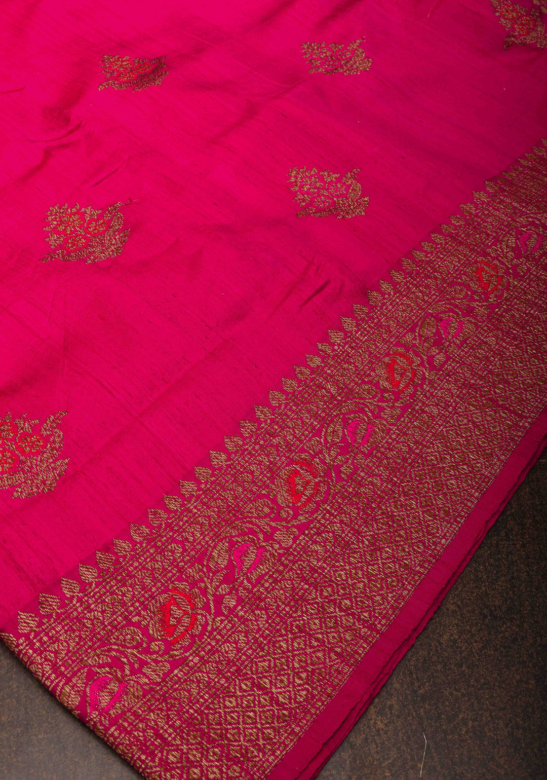 Raspberry Pink  Banarasi Raw Silk Saree with Antique Zari FLoral Buttas and Border | SILK MARK CERTIFIED