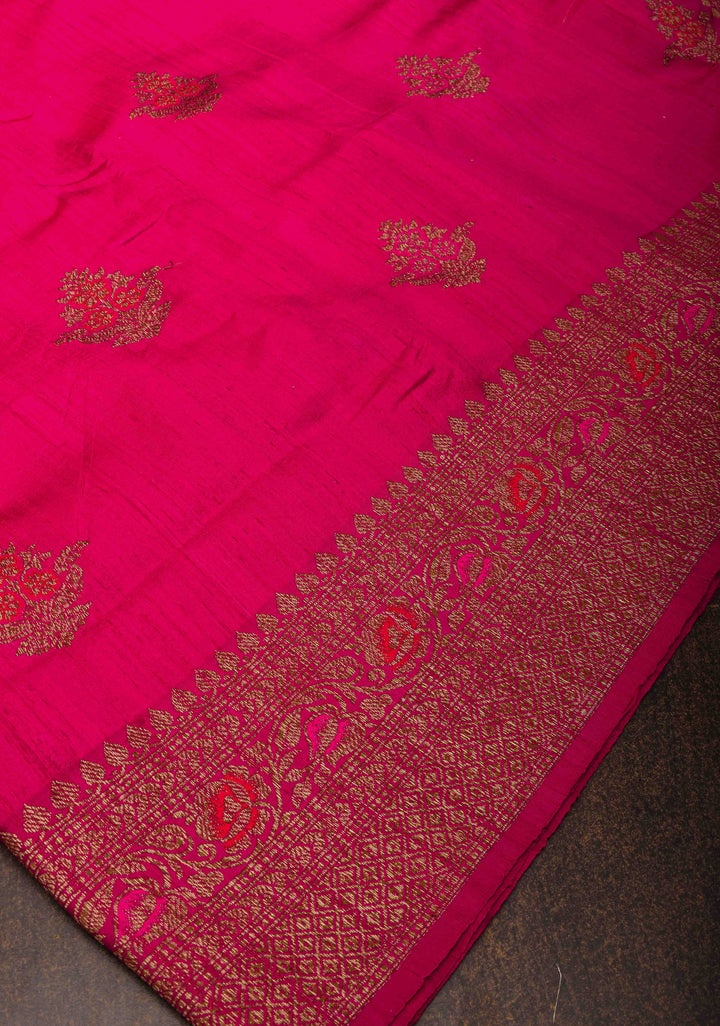 Raspberry Pink  Banarasi Raw Silk Saree with Antique Zari FLoral Buttas and Border | SILK MARK CERTIFIED