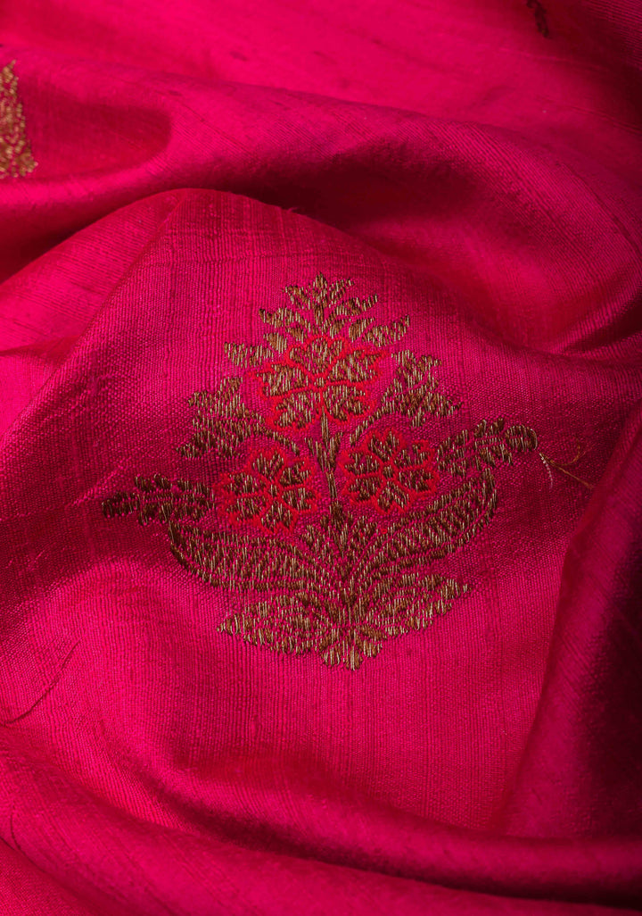 Raspberry Pink  Banarasi Raw Silk Saree with Antique Zari FLoral Buttas and Border | SILK MARK CERTIFIED