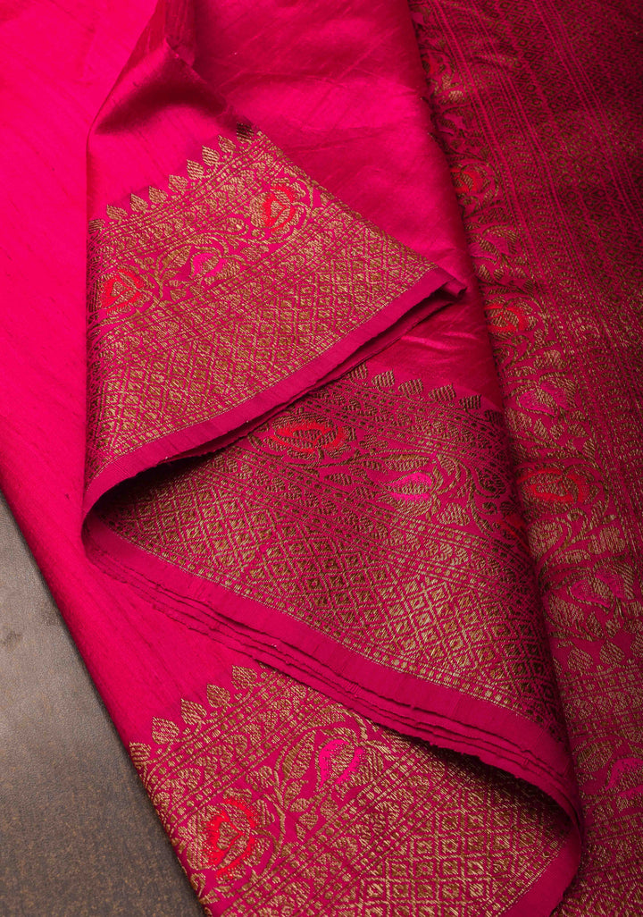 Raspberry Pink  Banarasi Raw Silk Saree with Antique Zari FLoral Buttas and Border | SILK MARK CERTIFIED