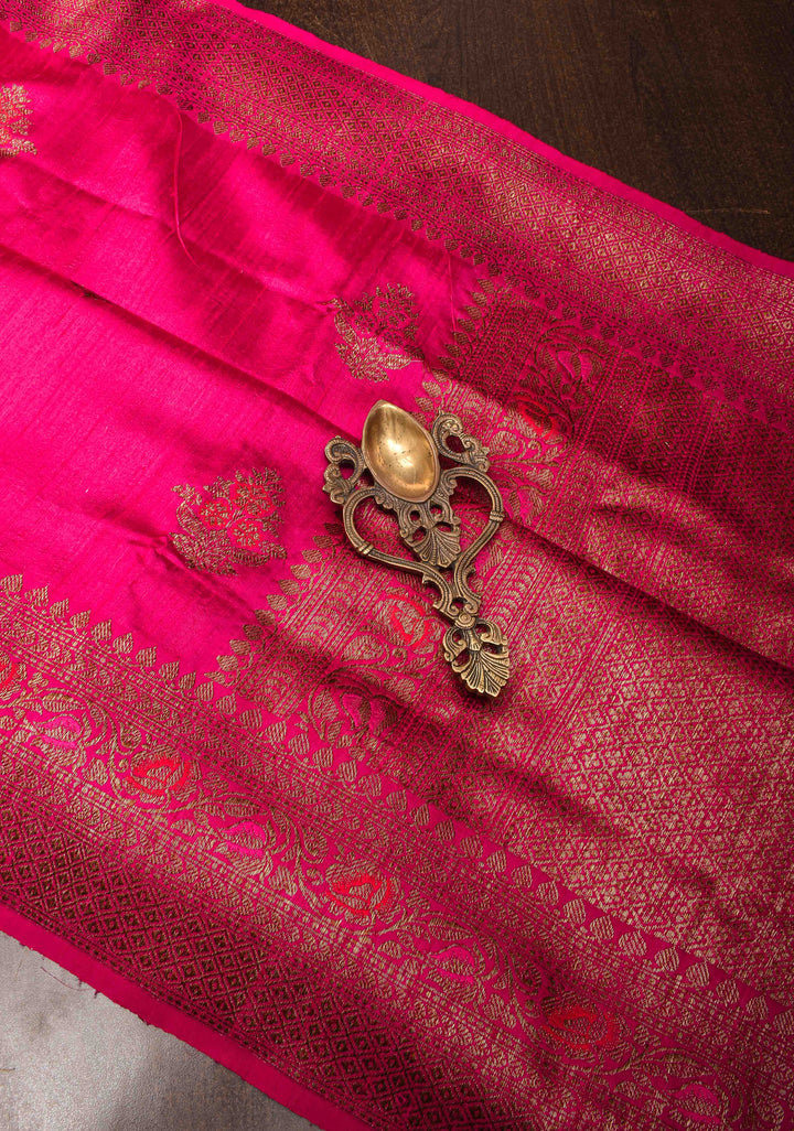 Raspberry Pink  Banarasi Raw Silk Saree with Antique Zari FLoral Buttas and Border | SILK MARK CERTIFIED
