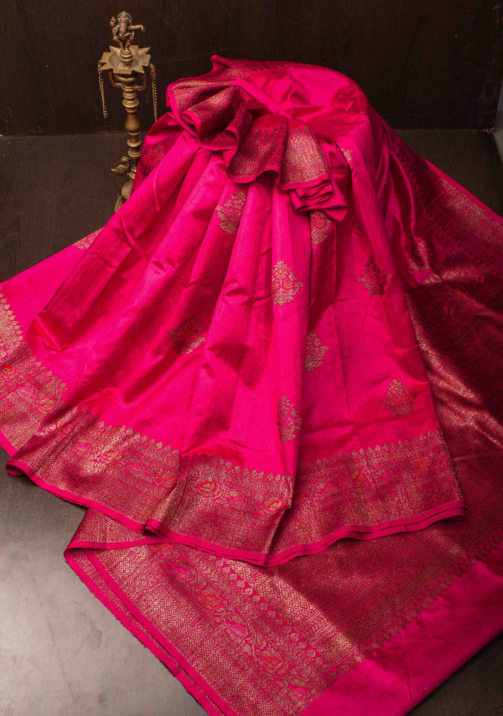 Raspberry Pink  Banarasi Raw Silk Saree with Antique Zari FLoral Buttas and Border | SILK MARK CERTIFIED