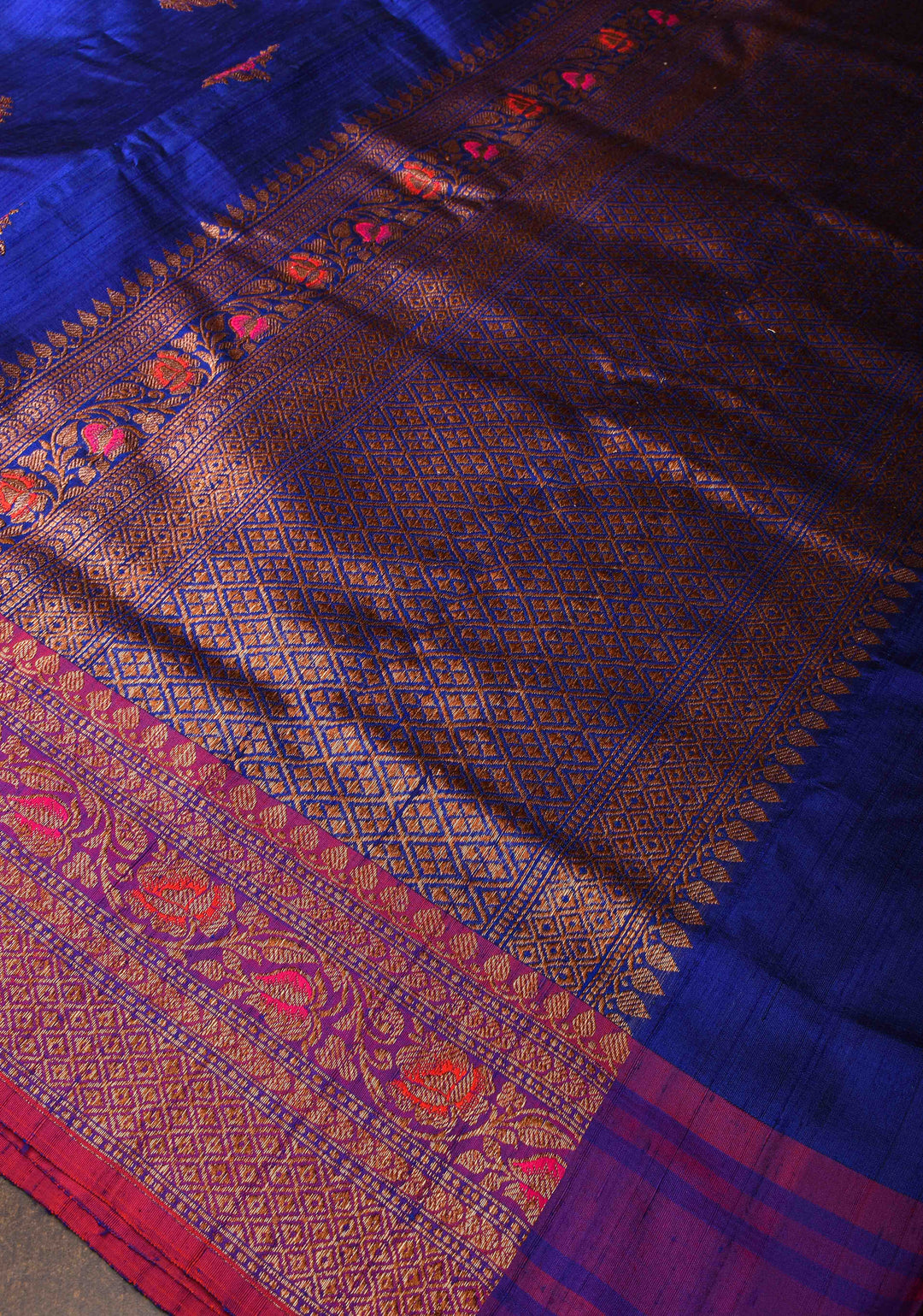 Royal Blue Raw Silk Saree with Antique tone Zari buttas and Pink Contrast Meenakari Border | SILK MARK CERTIFIED