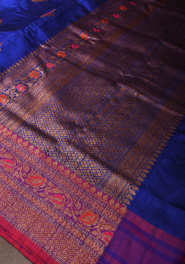 Royal Blue Raw Silk Saree with Antique tone Zari buttas and Pink Contrast Meenakari Border | SILK MARK CERTIFIED