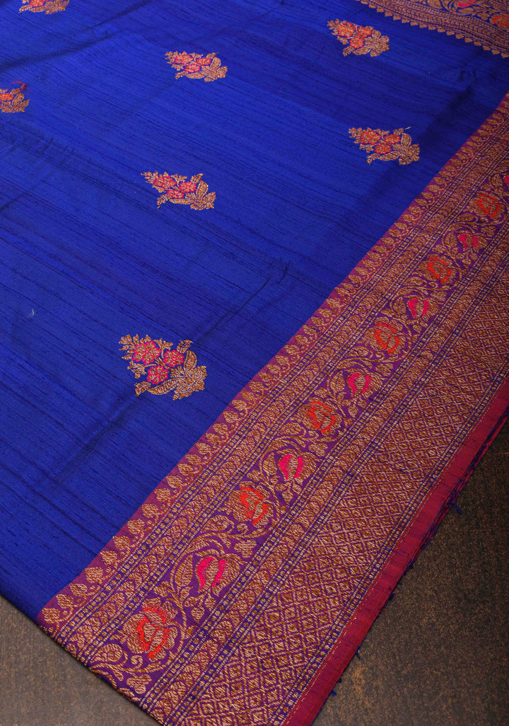 Royal Blue Raw Silk Saree with Antique tone Zari buttas and Pink Contrast Meenakari Border | SILK MARK CERTIFIED