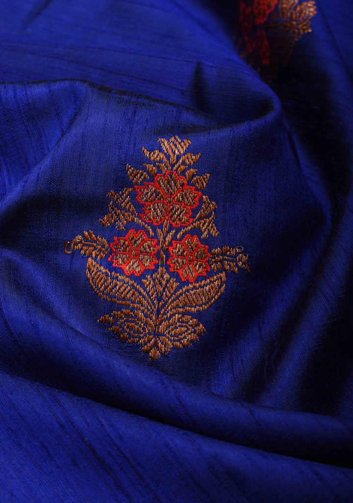 Royal Blue Raw Silk Saree with Antique tone Zari buttas and Pink Contrast Meenakari Border | SILK MARK CERTIFIED