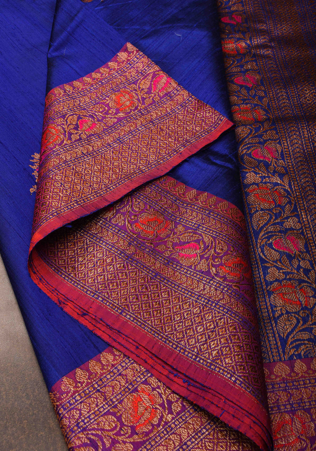 Royal Blue Raw Silk Saree with Antique tone Zari buttas and Pink Contrast Meenakari Border | SILK MARK CERTIFIED