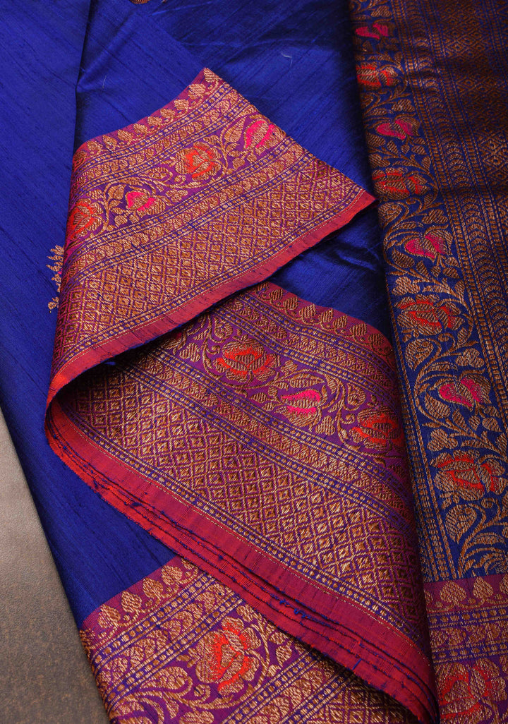 Royal Blue Raw Silk Saree with Antique tone Zari buttas and Pink Contrast Meenakari Border | SILK MARK CERTIFIED