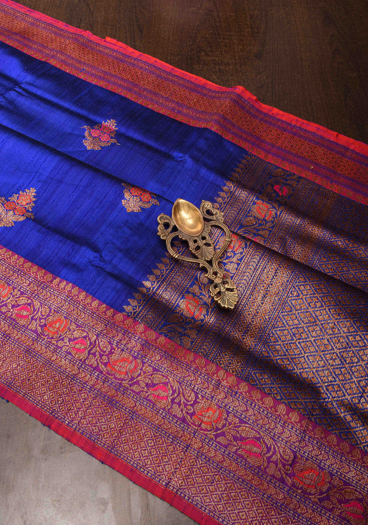Royal Blue Raw Silk Saree with Antique tone Zari buttas and Pink Contrast Meenakari Border | SILK MARK CERTIFIED