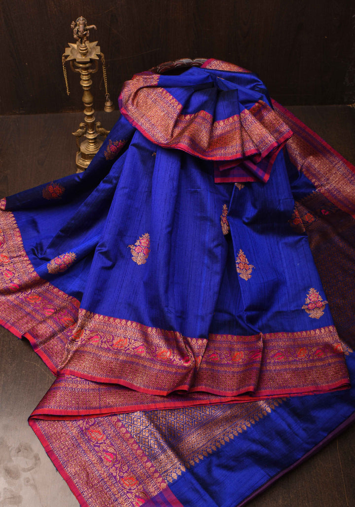 Royal Blue Raw Silk Saree with Antique tone Zari buttas and Pink Contrast Meenakari Border | SILK MARK CERTIFIED