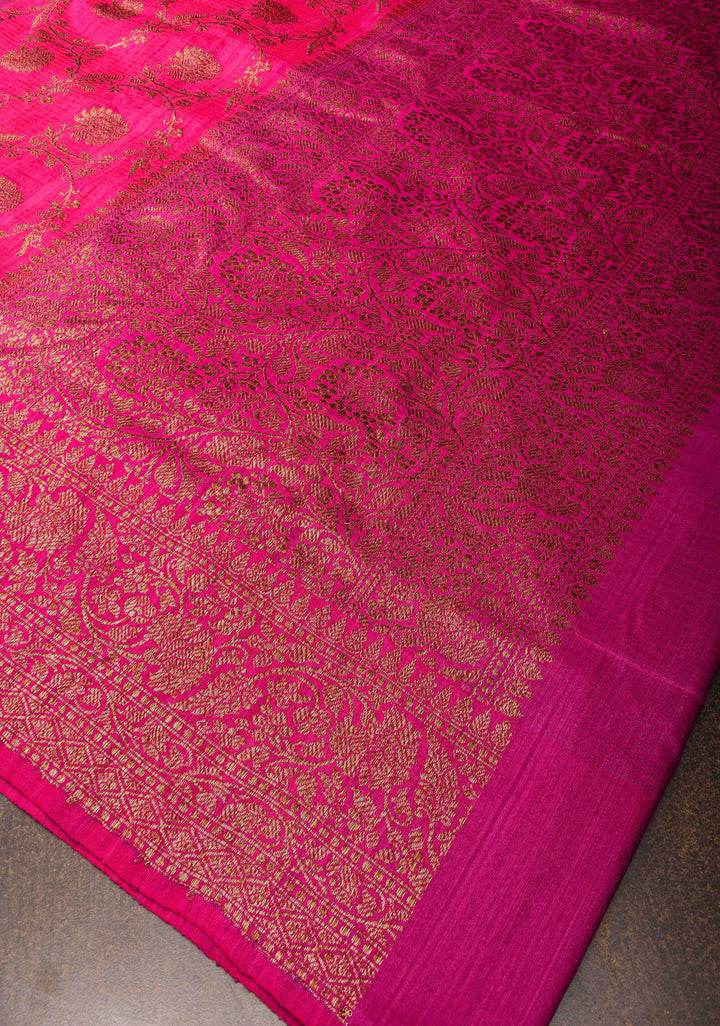 Banarasi Dupion Silk Saree in Hot Pink with Antique floral Jaal and Border  | SILK MARK CERTIFIED