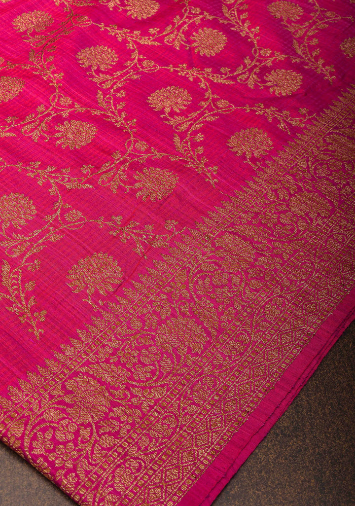 Banarasi Dupion Silk Saree in Hot Pink with Antique floral Jaal and Border  | SILK MARK CERTIFIED