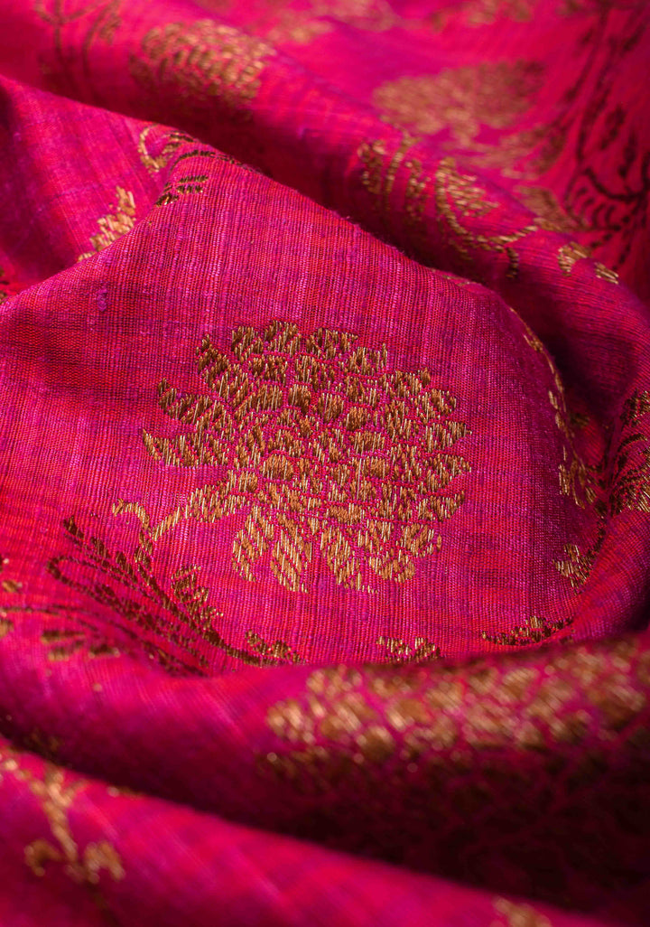 Banarasi Dupion Silk Saree in Hot Pink with Antique floral Jaal and Border  | SILK MARK CERTIFIED