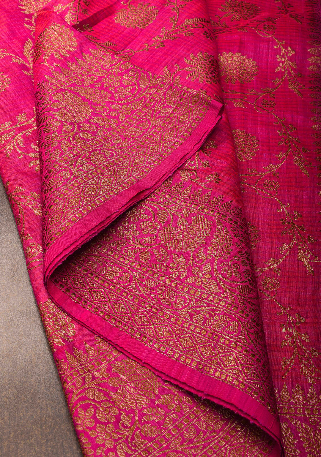Banarasi Dupion Silk Saree in Hot Pink with Antique floral Jaal and Border  | SILK MARK CERTIFIED