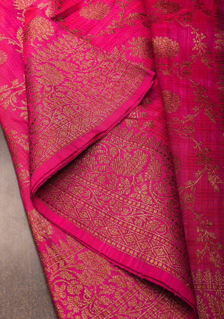 Banarasi Dupion Silk Saree in Hot Pink with Antique floral Jaal and Border  | SILK MARK CERTIFIED