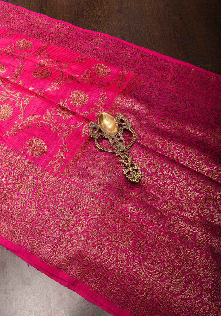 Banarasi Dupion Silk Saree in Hot Pink with Antique floral Jaal and Border  | SILK MARK CERTIFIED