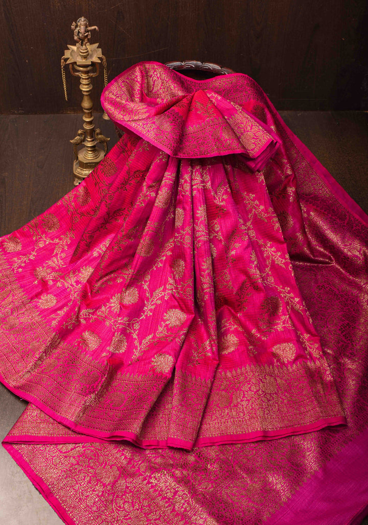 Banarasi Dupion Silk Saree in Hot Pink with Antique floral Jaal and Border  | SILK MARK CERTIFIED