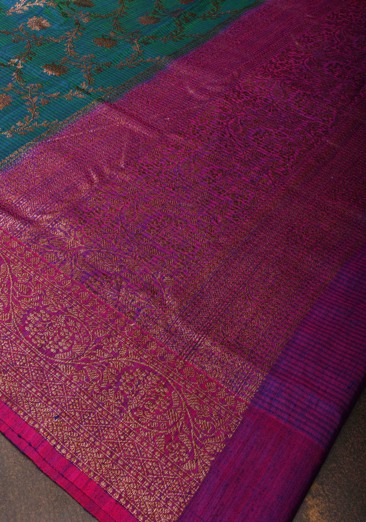Pure Banarasi Dupion Silk Saree in Peacock Blue Dual Tone with Antique Floral Jaal and Contrast Zari Border  | SILK MARK CERTIFIED