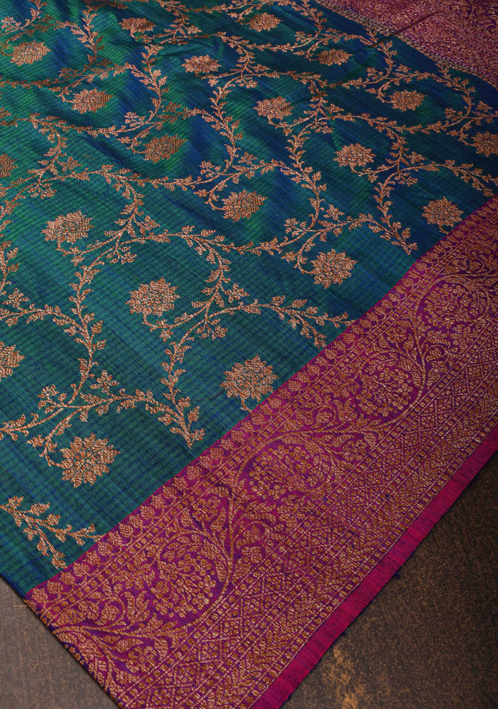 Pure Banarasi Dupion Silk Saree in Peacock Blue Dual Tone with Antique Floral Jaal and Contrast Zari Border  | SILK MARK CERTIFIED