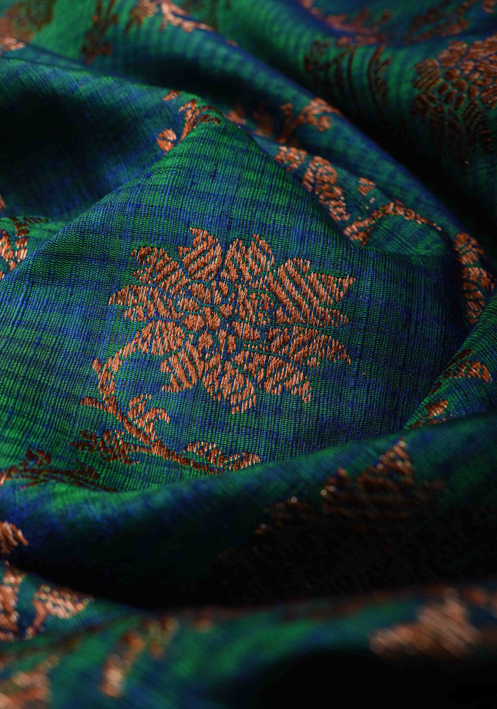 Pure Banarasi Dupion Silk Saree in Peacock Blue Dual Tone with Antique Floral Jaal and Contrast Zari Border  | SILK MARK CERTIFIED