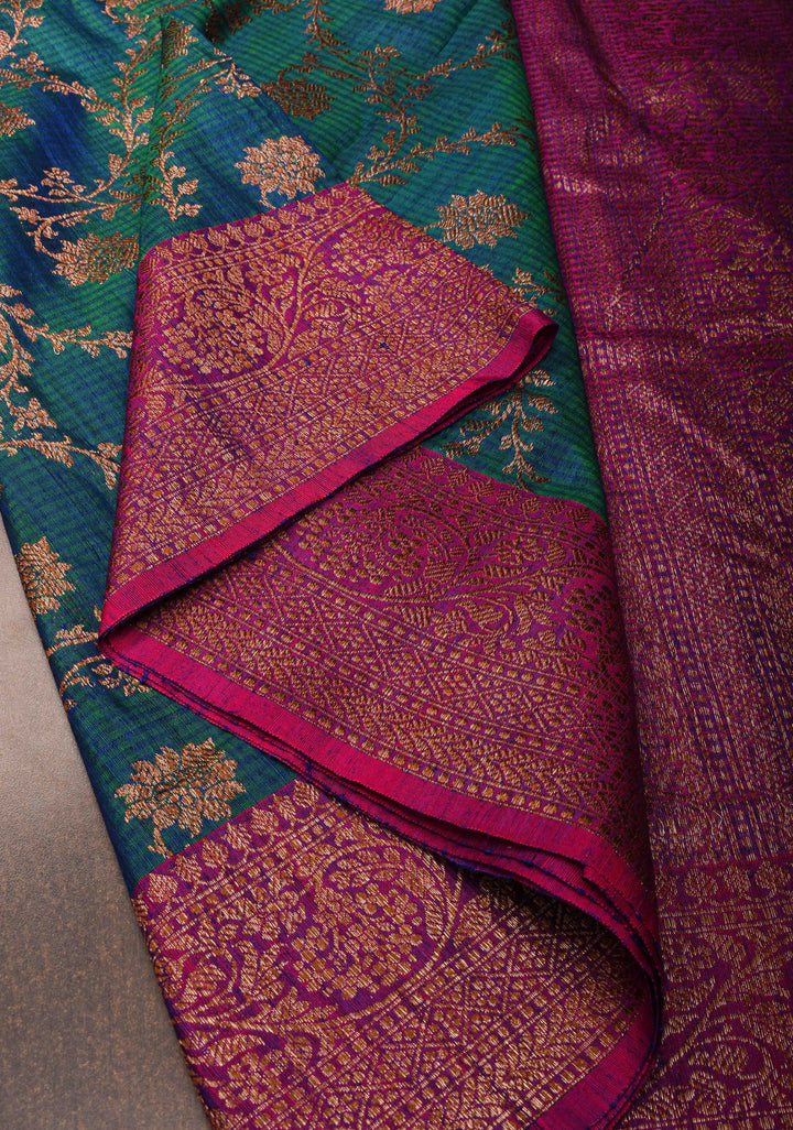 Pure Banarasi Dupion Silk Saree in Peacock Blue Dual Tone with Antique Floral Jaal and Contrast Zari Border  | SILK MARK CERTIFIED