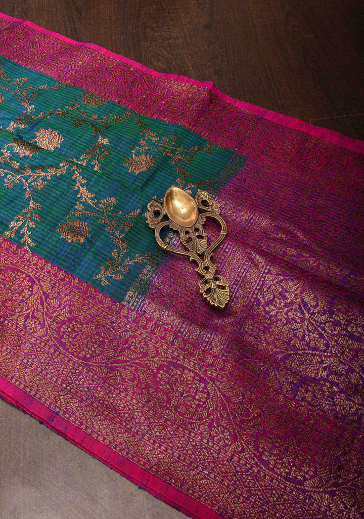Pure Banarasi Dupion Silk Saree in Peacock Blue Dual Tone with Antique Floral Jaal and Contrast Zari Border  | SILK MARK CERTIFIED