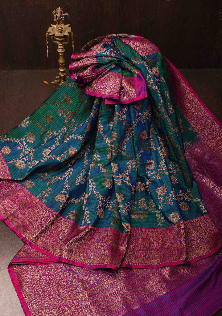 Pure Banarasi Dupion Silk Saree in Peacock Blue Dual Tone with Antique Floral Jaal and Contrast Zari Border  | SILK MARK CERTIFIED