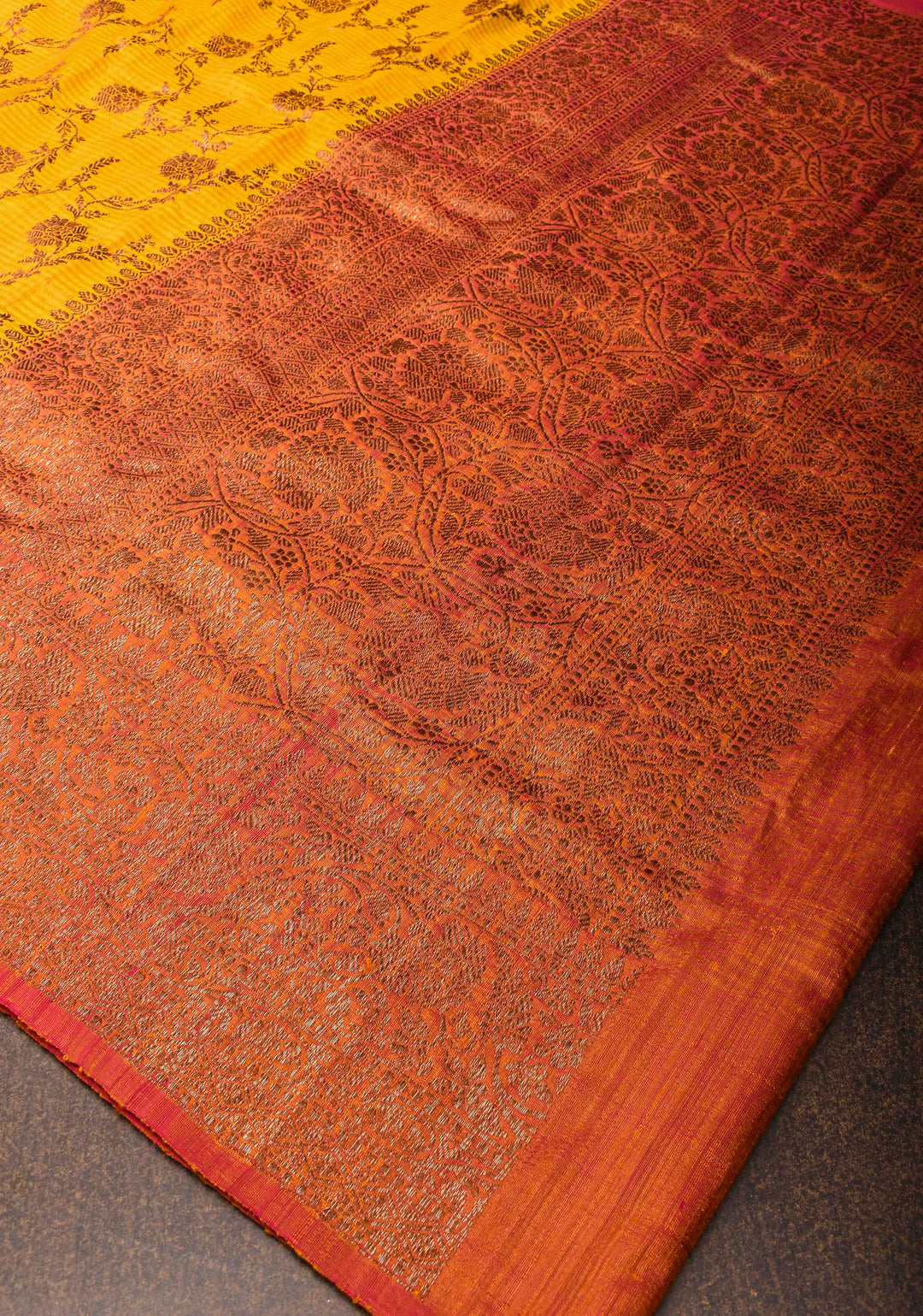 Pure Banarasi Dupion Silk Saree in Yellow with Antique Floral Jaal and contrast border | SILK MARK CERTIFIED