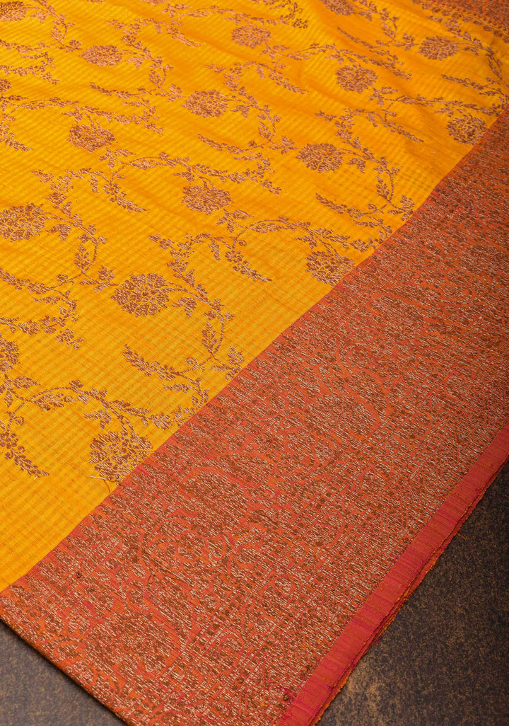 Pure Banarasi Dupion Silk Saree in Yellow with Antique Floral Jaal and contrast border | SILK MARK CERTIFIED