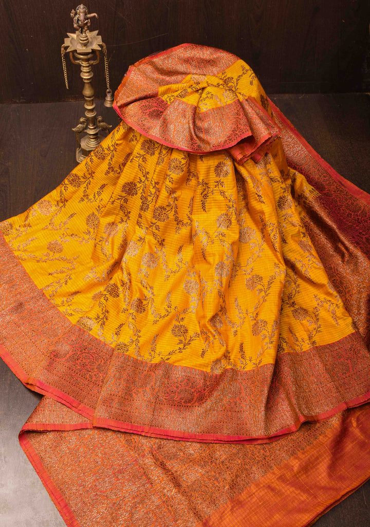 Pure Banarasi Dupion Silk Saree in Yellow with Antique Floral Jaal and contrast border | SILK MARK CERTIFIED