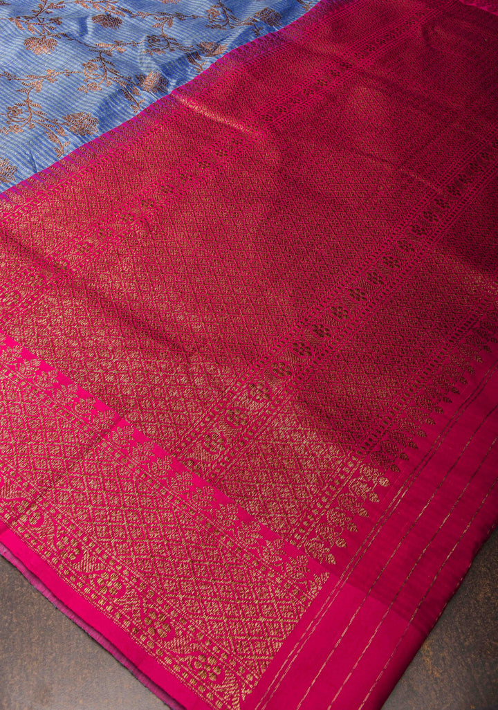 Pure Banarasi Dupion Silk Saree in Blue with Antique Floral Jaal and contrast border | SILK MARK CERTIFIED