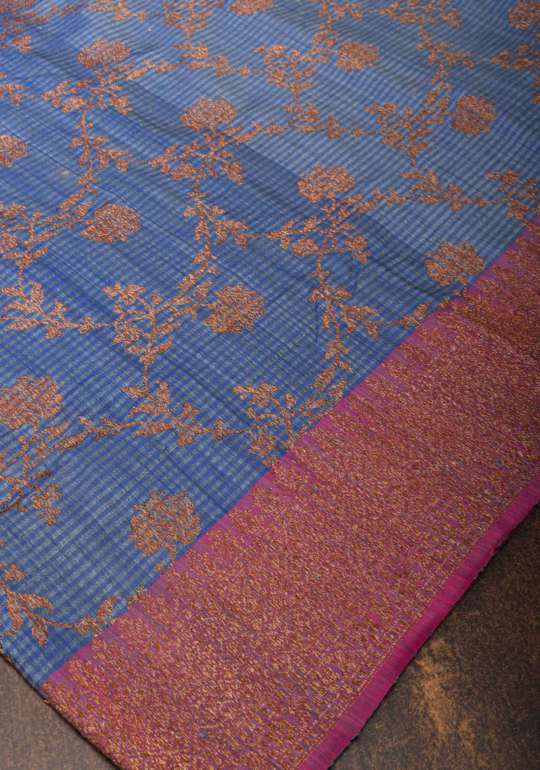 Pure Banarasi Dupion Silk Saree in Blue with Antique Floral Jaal and contrast border | SILK MARK CERTIFIED
