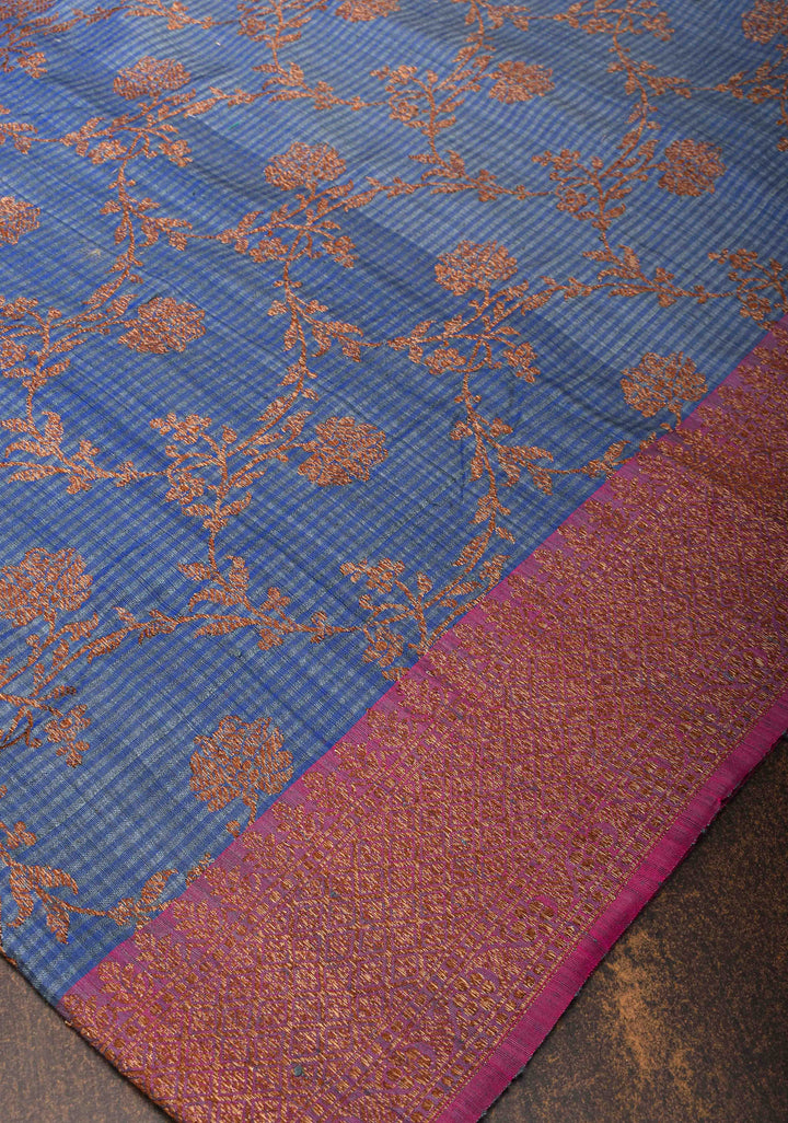 Pure Banarasi Dupion Silk Saree in Blue with Antique Floral Jaal and contrast border | SILK MARK CERTIFIED