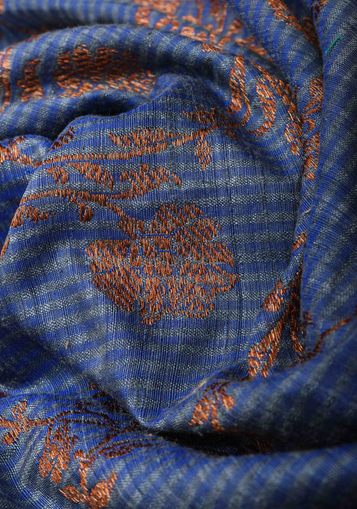 Pure Banarasi Dupion Silk Saree in Blue with Antique Floral Jaal and contrast border | SILK MARK CERTIFIED