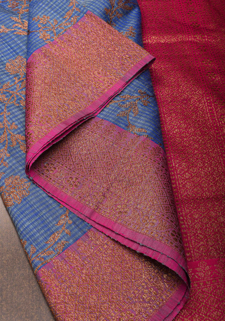 Pure Banarasi Dupion Silk Saree in Blue with Antique Floral Jaal and contrast border | SILK MARK CERTIFIED