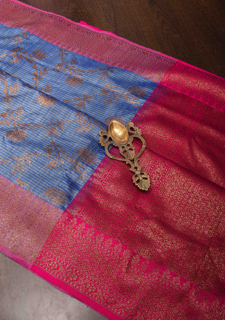 Pure Banarasi Dupion Silk Saree in Blue with Antique Floral Jaal and contrast border | SILK MARK CERTIFIED