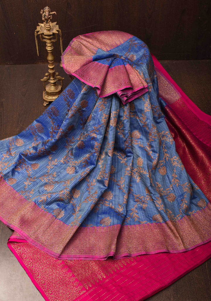 Pure Banarasi Dupion Silk Saree in Blue with Antique Floral Jaal and contrast border | SILK MARK CERTIFIED