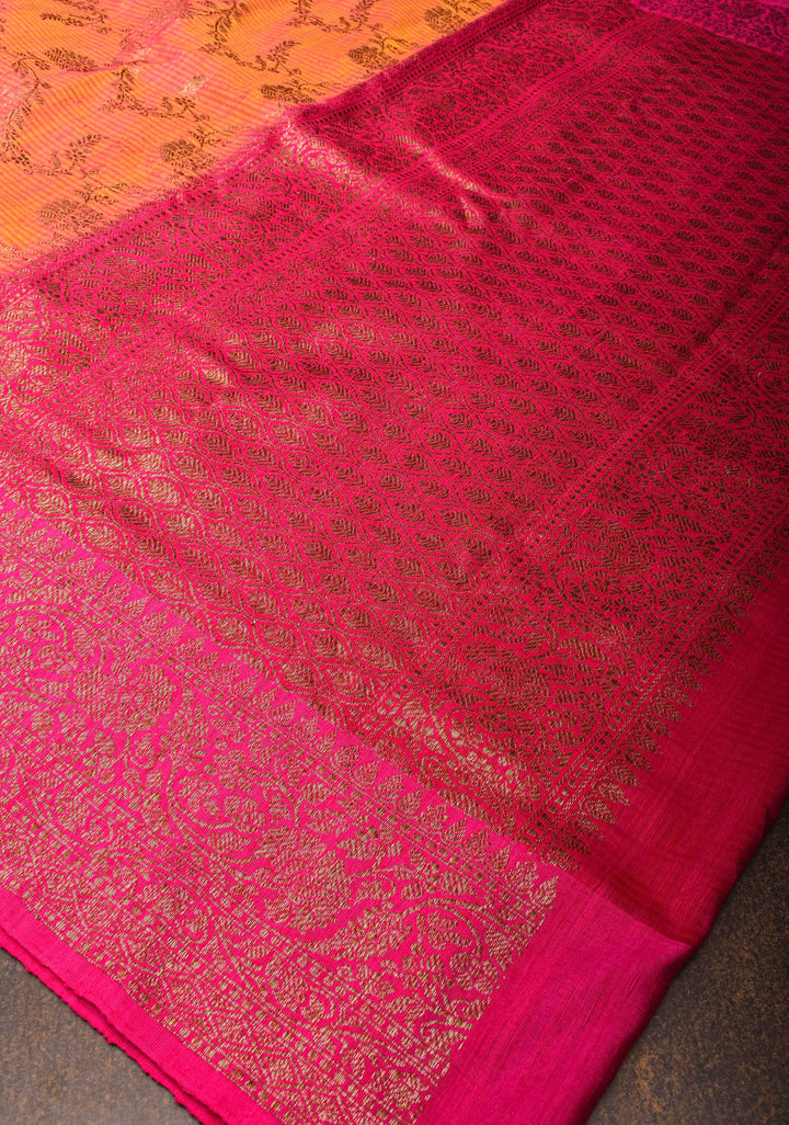 Orange Pink dual tone Dupion Banarasi Silk Saree with Antique Zari Floral Jaal | SILK MARK CERTIFIED