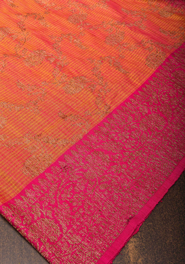Orange Pink dual tone Dupion Banarasi Silk Saree with Antique Zari Floral Jaal | SILK MARK CERTIFIED