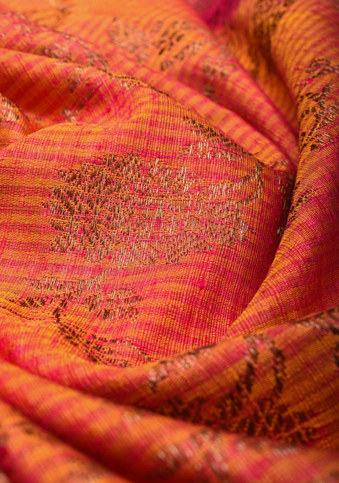 Orange Pink dual tone Dupion Banarasi Silk Saree with Antique Zari Floral Jaal | SILK MARK CERTIFIED