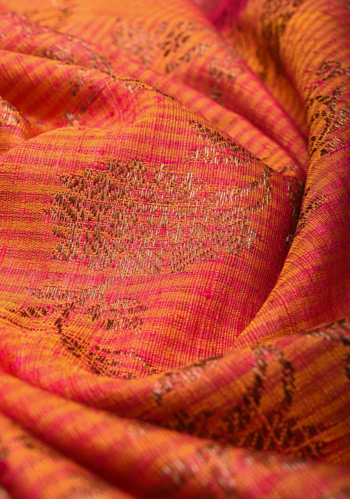 Orange Pink dual tone Dupion Banarasi Silk Saree with Antique Zari Floral Jaal | SILK MARK CERTIFIED