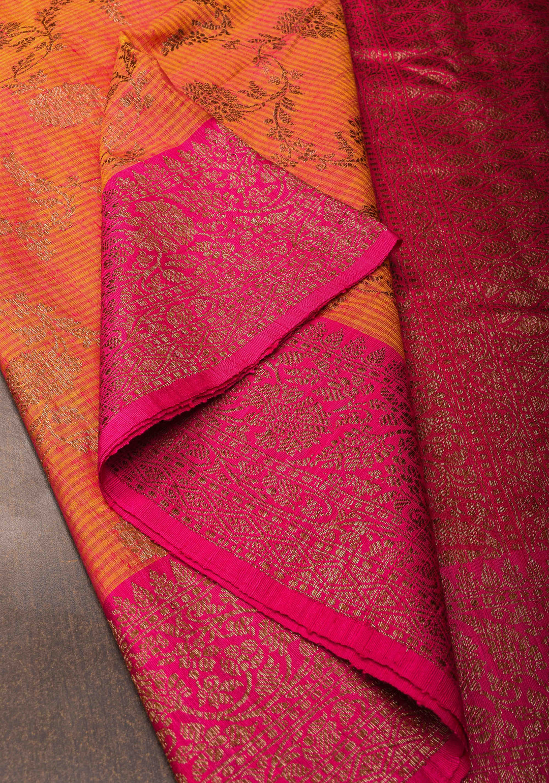 Orange Pink dual tone Dupion Banarasi Silk Saree with Antique Zari Floral Jaal | SILK MARK CERTIFIED