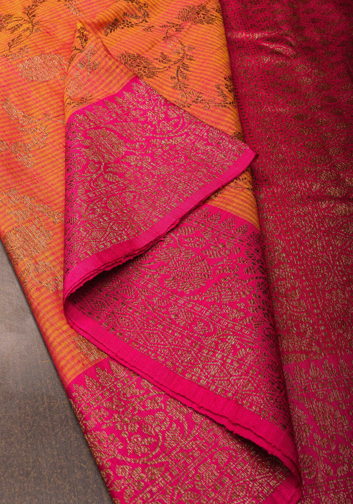 Orange Pink dual tone Dupion Banarasi Silk Saree with Antique Zari Floral Jaal | SILK MARK CERTIFIED