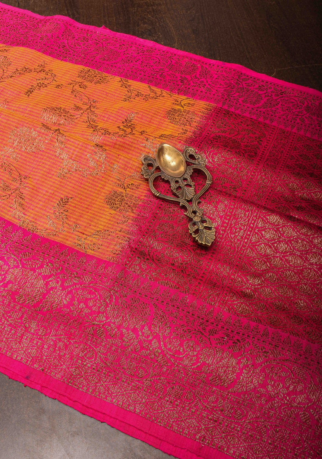 Orange Pink dual tone Dupion Banarasi Silk Saree with Antique Zari Floral Jaal | SILK MARK CERTIFIED