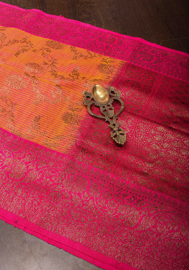 Orange Pink dual tone Dupion Banarasi Silk Saree with Antique Zari Floral Jaal | SILK MARK CERTIFIED