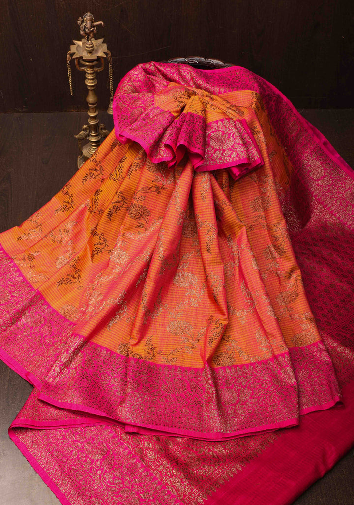 Orange Pink dual tone Dupion Banarasi Silk Saree with Antique Zari Floral Jaal | SILK MARK CERTIFIED