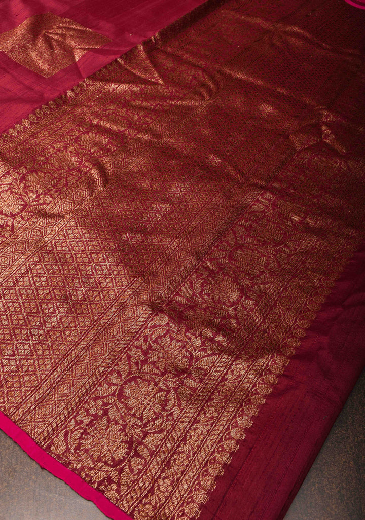 Maroon Banarasi Raw Silk Saree with Antique Geometric Motifs  | SILK MARK CERTIFIED