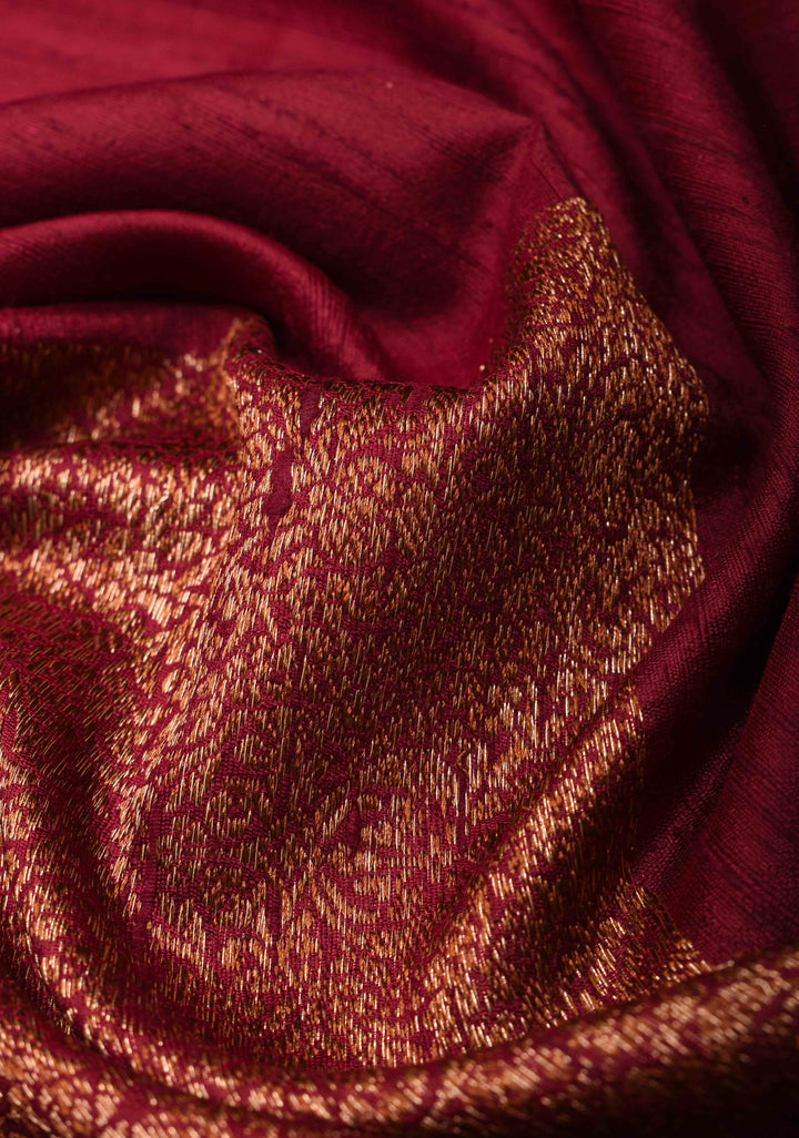 Maroon Banarasi Raw Silk Saree with Antique Geometric Motifs  | SILK MARK CERTIFIED