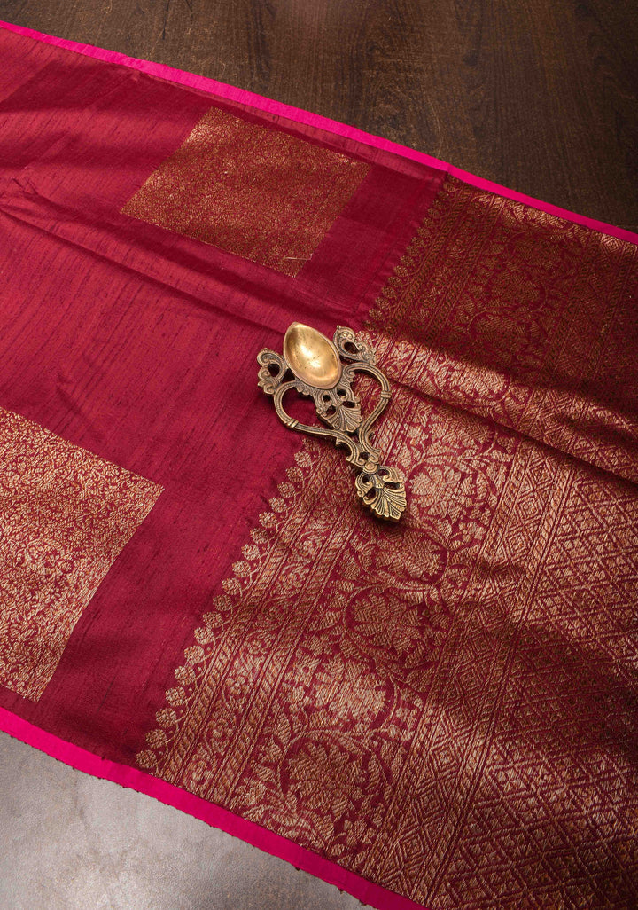 Maroon Banarasi Raw Silk Saree with Antique Geometric Motifs  | SILK MARK CERTIFIED
