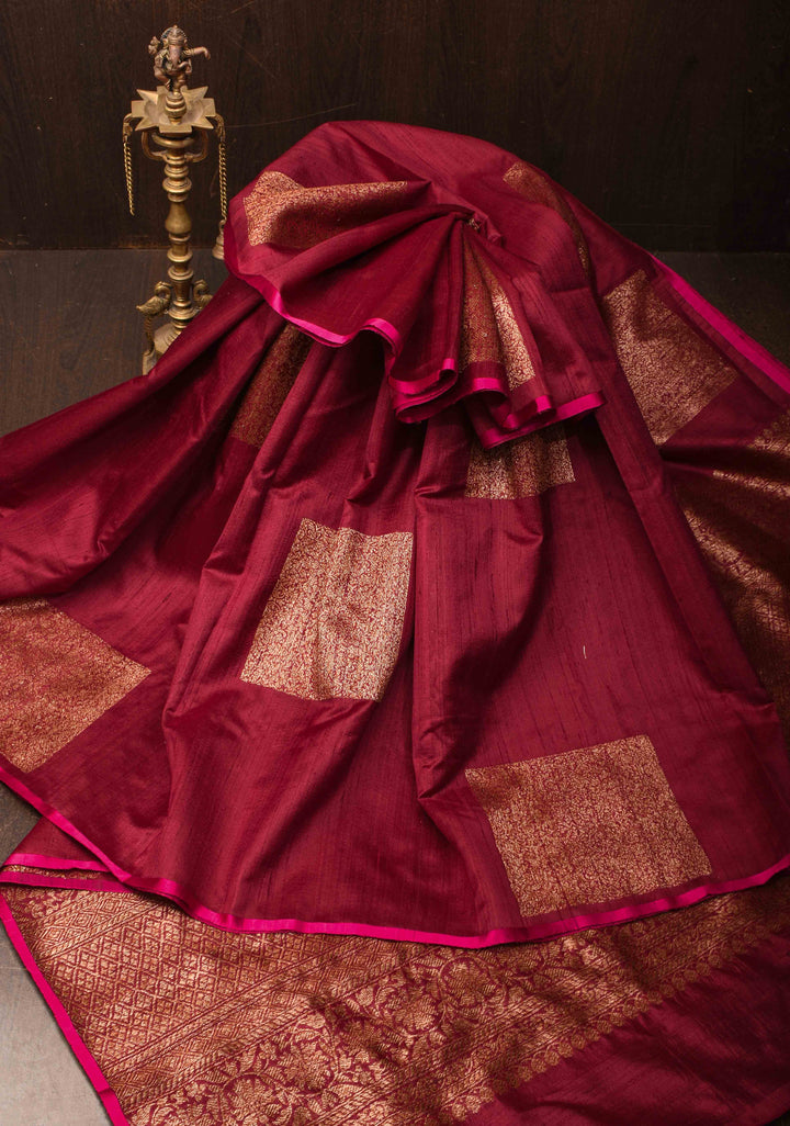 Maroon Banarasi Raw Silk Saree with Antique Geometric Motifs  | SILK MARK CERTIFIED